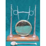 DECORATIVE COPPER AND BRASS GONG ON STAND WITH SILVER MOUNT,