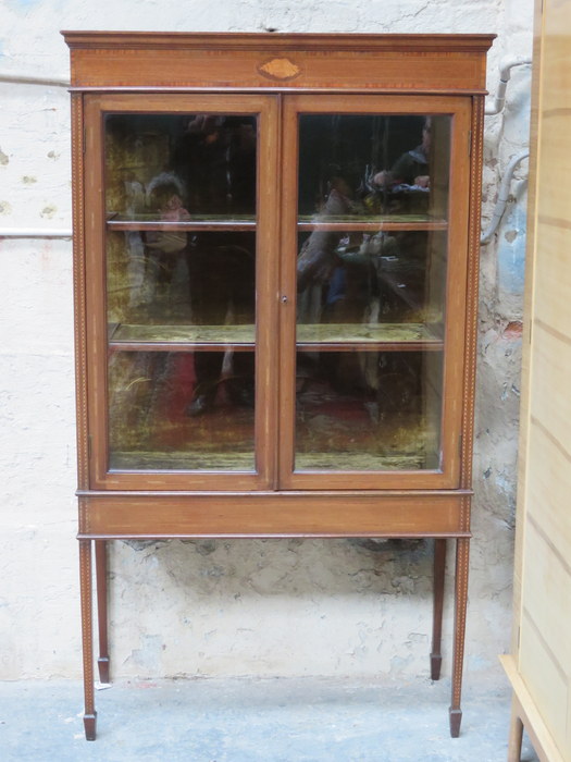 ANTIQUE MAHOGANY INLAID TWO DOOR GLAZED DISPLAY CABINET