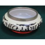 RARE NEWPORT POTTERY SILVER PLATED RIMMED BOWL WITH SILHOUETTE STYLE PETER PAN PATTERN.