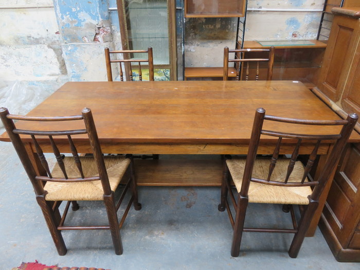 OAK REFECTORY STYLE DINING TABLE AND FOUR RUSH SEATED DINING CHAIRS