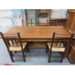 OAK REFECTORY STYLE DINING TABLE AND FOUR RUSH SEATED DINING CHAIRS