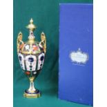 BOXED ROYAL CROWN DERBY GILDED TWO HANDLED URN,