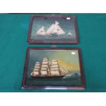 PAIR OF PAINTINGS ON GLASS IN ORIENTAL STYLE FRAMES DEPICTING GALLEONS