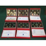 SIX CASED ROYAL MINT UK PROOF COIN SETS- 1990, 1991, 1992, 1993, 1994,