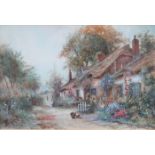 J HUGHES CLAYTON, PAIR OF GILT FRAMED WATERCOLOURS DEPICTING COUNTRY COTTAGE SCENE,