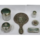 MIXED LOT OF SILVER TOPPED DRESSING JARS, TRINKET BOXES, DRESSING MIRROR, ETC.