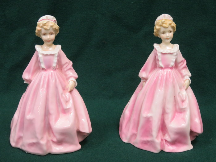 TWO ROYAL WORCESTER GLAZED CERAMIC FIGURES BY F G DOUGHTY- GRANDMOTHER'S DRESS,