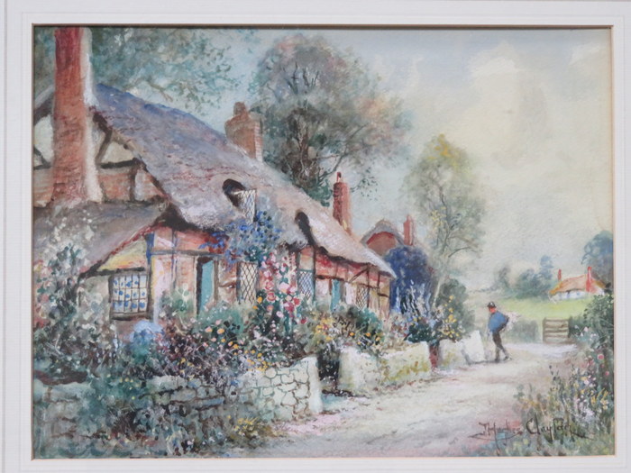 J HUGHES CLAYTON, FRAMED WATERCOLOUR DEPICTING A COUNTRY COTTAGE SCENE,