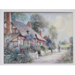 J HUGHES CLAYTON, FRAMED WATERCOLOUR DEPICTING A COUNTRY COTTAGE SCENE,