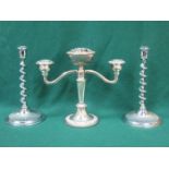 PAIR OF SILVER PLATED CANDLESTICKS AND TWO SCONCE CANDELABRA