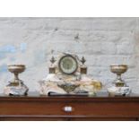 DECORATIVE ORMOLU MOUNTED FRENCH STYLE MARBLE EFFECT CLOCK AND GARNITURE SET