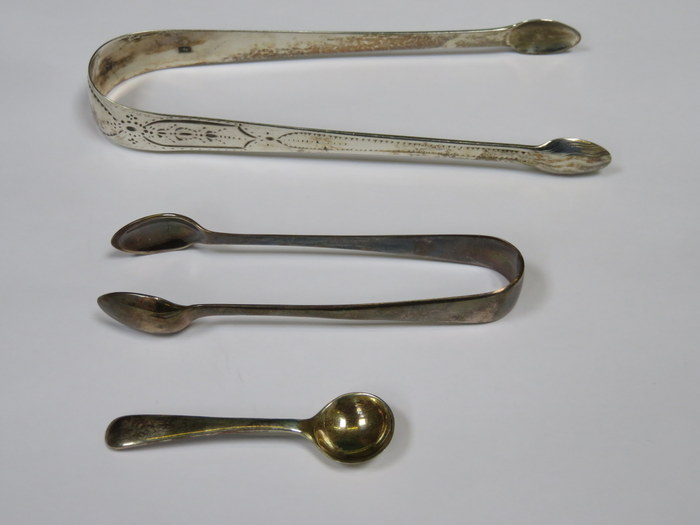 TWO PAIRS OF SILVER SUGAR TONGS AND SMALL SILVER MOUNTED SPOON