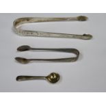 TWO PAIRS OF SILVER SUGAR TONGS AND SMALL SILVER MOUNTED SPOON