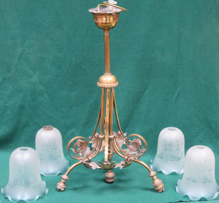 VICTORIAN ORNATE BRASS FOUR SCONCE CEILING LIGHT WITH GLASS SHADES