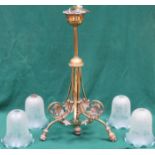 VICTORIAN ORNATE BRASS FOUR SCONCE CEILING LIGHT WITH GLASS SHADES