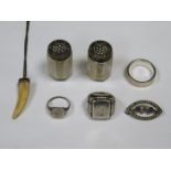 PAIR OF SILVER SHAKERS AND SILVER DRESS RINGS, ETC.
