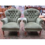 PAIR OF STUART JONES UPHOLSTERED BUTTON BACK ARMCHAIRS