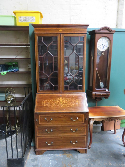 ANTIQUE MAHOGANY INLAID TWO DOOR GLAZED BUREAU BOOKCASE