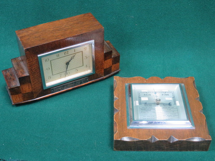ART DECO STYLE OAK MANTEL CLOCK AND TWO BAROMETERS
