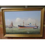 JOHN SHIMMIN FRAMED OIL ON CANVAS DEPICTING SS PYRRHUS OFF BIRKENHEAD. APPROX 59.