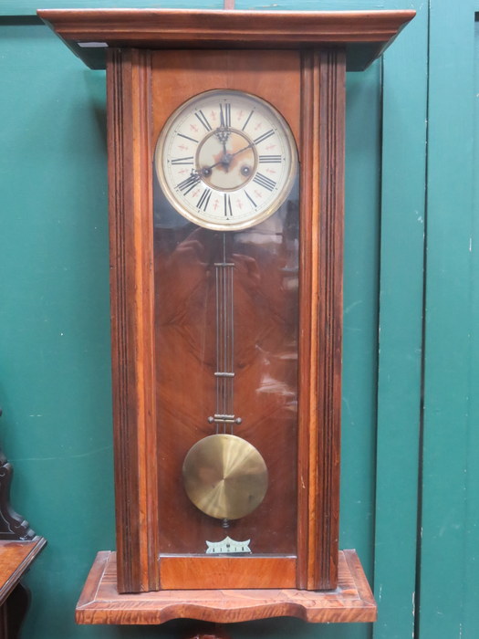 MAHOGANY CASED WALL HANGING CLOCK WITH ENAMELLED DIAL (AT FAULT)