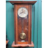 MAHOGANY CASED WALL HANGING CLOCK WITH ENAMELLED DIAL (AT FAULT)