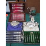 MIXED LOT OF SILVER PLATEDWARE, FLATWARE, SILVER HANDLED KNIVES, ETC.