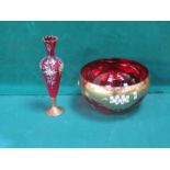 BOHEMIA CRANBERRY COLOURED GLASS BOWL WITH GILDING AND FLORAL DECORATION.