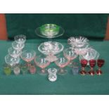 QUANTITY OF COLOURED AND OTHER GLASSWARE INCLUDING CAKE STAND, SUNDAE DISHES, ETC.