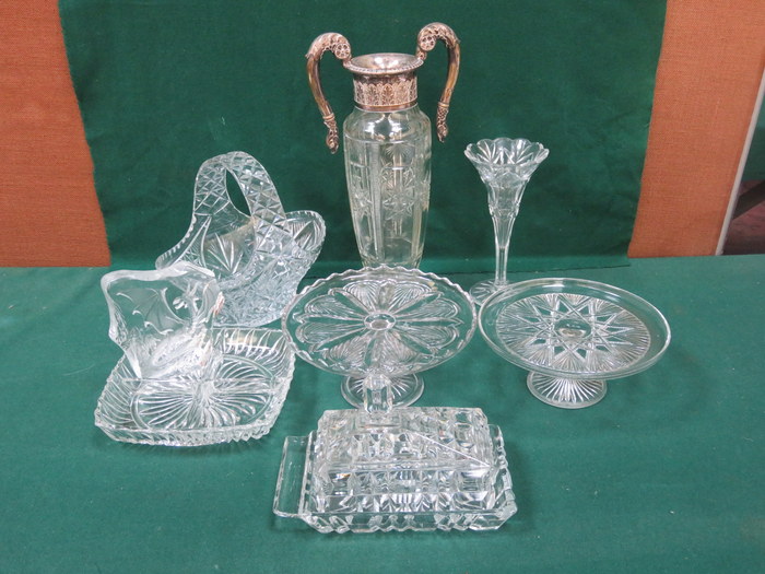 EIGHT PIECES OF VARIOUS CUT GLASS INCLUDING TWO HANDED URN, VASE, BASKET ETC..
