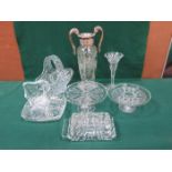EIGHT PIECES OF VARIOUS CUT GLASS INCLUDING TWO HANDED URN, VASE, BASKET ETC..