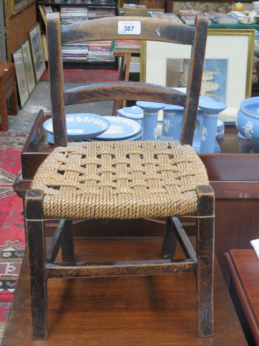 MINIATURE ANTIQUE MAHOGANY RUSH SEATED CHAIR