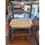 MINIATURE ANTIQUE MAHOGANY RUSH SEATED CHAIR