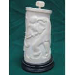 1920s/30s CARVED IVORY BRUSH POT WITH COVER, DECORATED WITH AN ELEPHANT AND GIRAFFE,