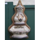 PRETTY HANDPAINTED GLAZED CERAMIC WATER DISPENSER WITH DISH, MOUNTED ON WOODEN DISPLAY,