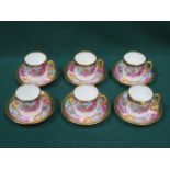 SET OF SIX PRETTY GILDED AND FLORAL DECORATED COFFEE CANS AND SAUCERS