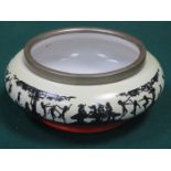 RARE NEWPORT POTTERY SILVER PLATED RIMMED BOWL WITH SILHOUETTE STYLE PETER PAN PATTERN.