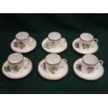 SET OF SIX ROYAL WORCESTER FLORAL DECORATED COFFEE CANS WITH SAUCERS