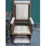 MAHOGANY FRAMED UPHOLSTERED AMERICAN ROCKING CHAIR WITH FOOT REST