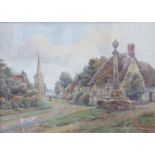 J W BURNETT, GILT FRAMED WATERCOLOUR DEPICTING A COUNTRY VILLAGE SCENE,