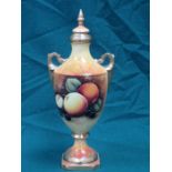 COALPORT HANDPAINTED FRUIT DECORATED URN WITH COVER, SIGNED M PINTER (AT FAULT),