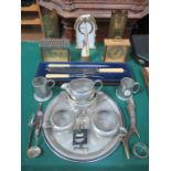 SUNDRY LOT INCLUDING PAIR OD TRENCH ART VASES, CARVING SET, MANTEL CLOCKS, ETC.