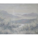 LARGE FRAMED OIL ON CANVAS DEPICTING A MOUNTAIN SCENE, SIGNATURE INDISTINCT,