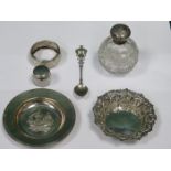 MIXED LOT OF SILVER INCLUDING TWO RECEIVERS, PERFUME BOTTLE,