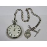 HALLMARKED SILVER PEAR CASED POCKET WATCH ON SILVER ALBERT CHAIN AND FOB