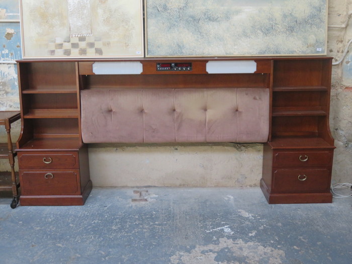 G PLAN 1970s STYLE HEAD BOARD WITH DRAWERS EITHER SIDE AND INTEGRATED BINATONE RADIO ALARM CLOCK