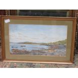 FRAMED WATERCOLOUR DEPICTING A RIVERSIDE SCENE WITH BOATS, SIGNED TO BOTTOM RIGHT (INDISTINCT),