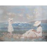 LEE REYNOLDS OIL ON CANVAS DEPICTING TWO LADIES BY THE SEA.