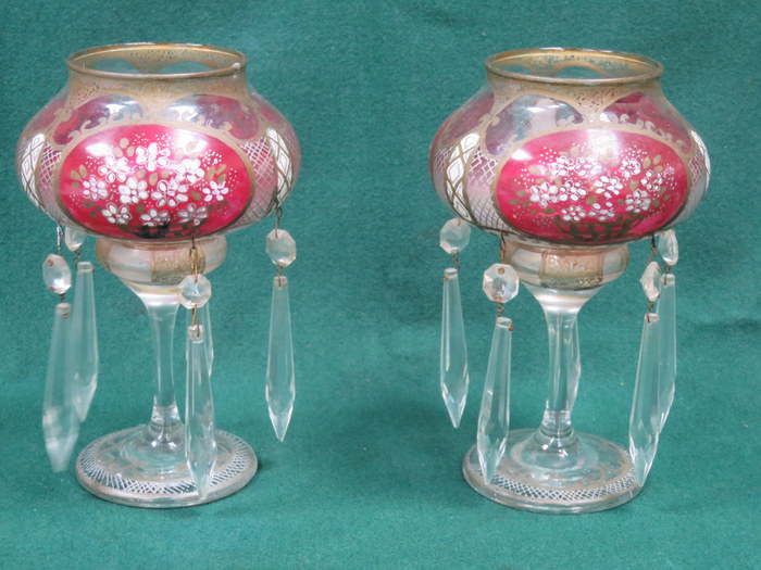 PAIR OF GILDED AND FLORAL DECORATED VICTORIAN GLASS LUSTRES WITH DROPLETS ON STEMMED SUPPORTS,