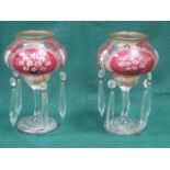 PAIR OF GILDED AND FLORAL DECORATED VICTORIAN GLASS LUSTRES WITH DROPLETS ON STEMMED SUPPORTS,